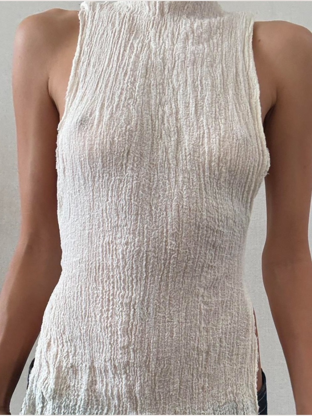 handmade cream textured halter neck tank top with cutouts